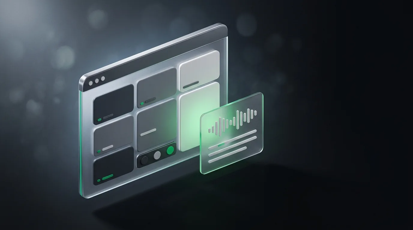 Isometric illustration of a desktop AI assistant working alongside a Microsoft Teams call, in Natively brand green