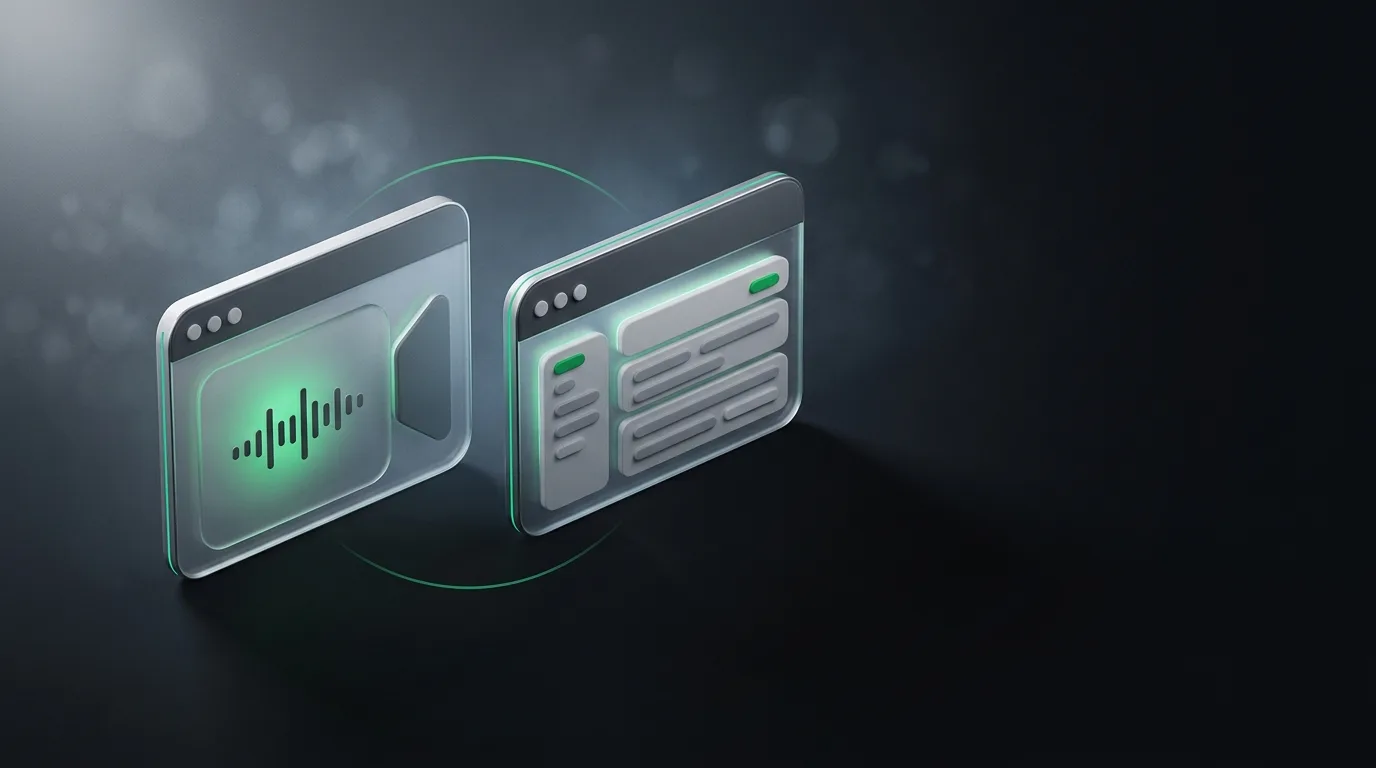 Isometric illustration of two adjacent abstract panels: one shaped like a call interface, the other like a productivity app, in Natively brand green