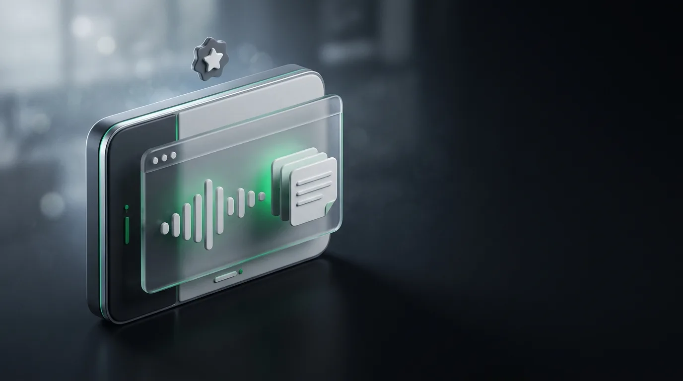 Isometric illustration of a meeting app panel on a device with soundwave-to-notes flow, in Natively brand green