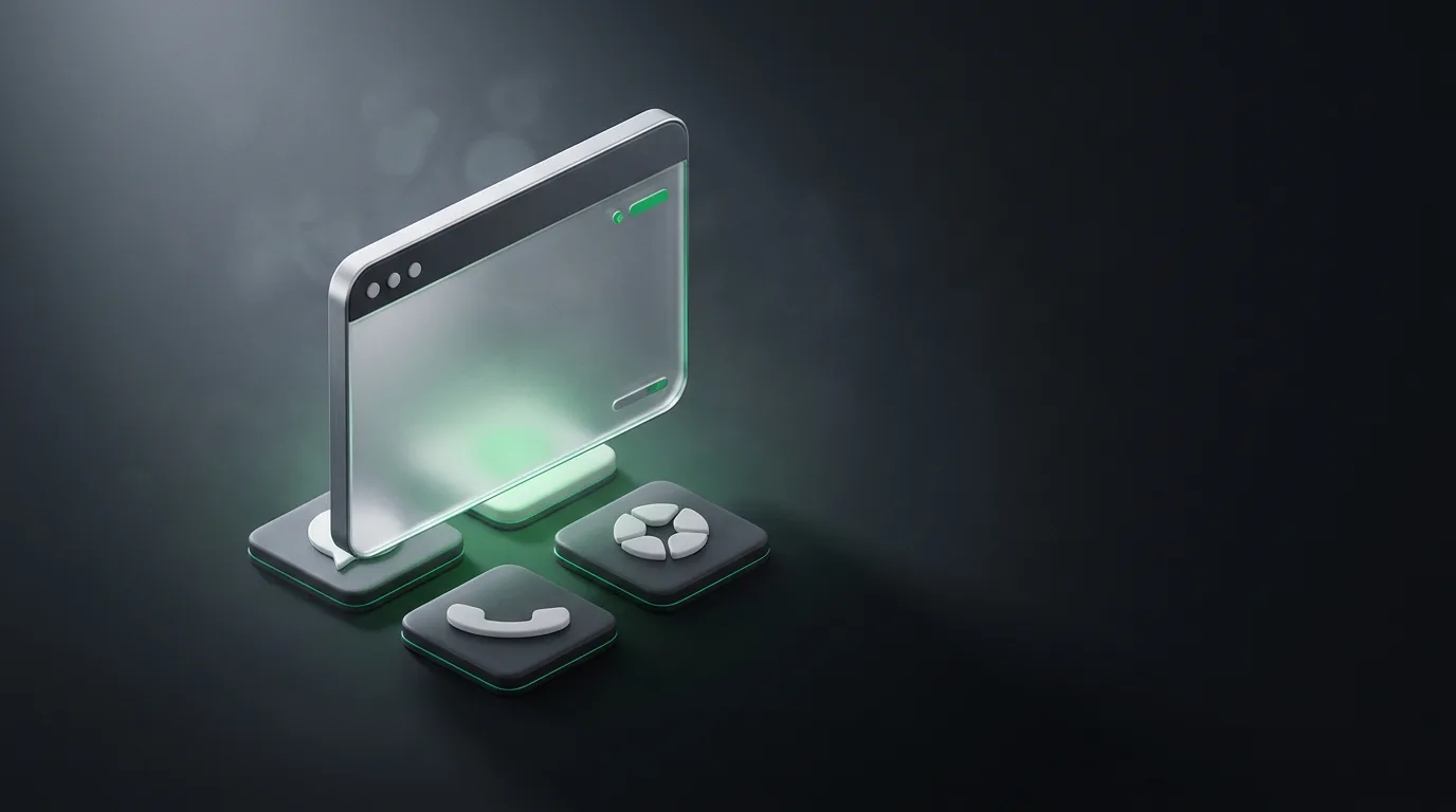 Isometric illustration of an AI meeting panel floating above abstract call-tile motifs, in Natively brand green