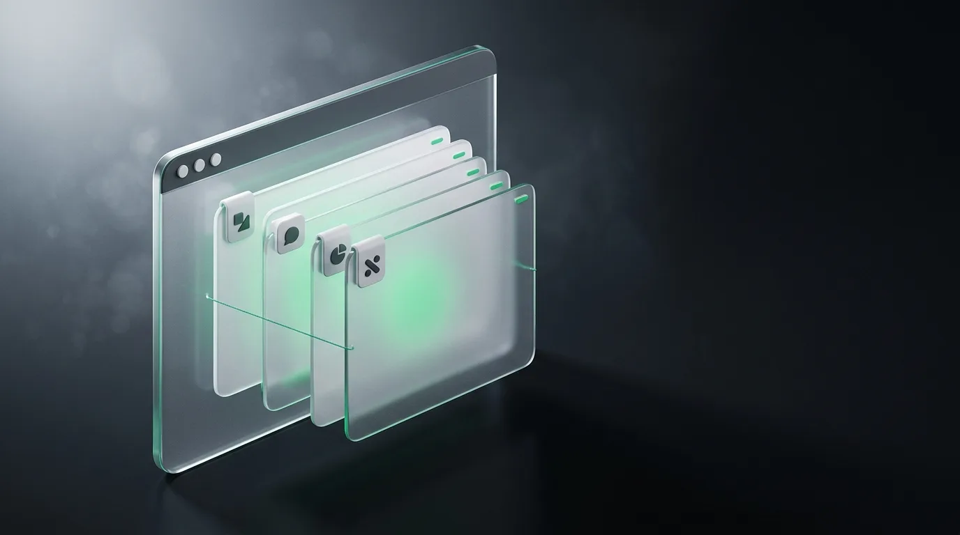 Isometric illustration of structured professional note cards with category tags, in Natively brand green on charcoal